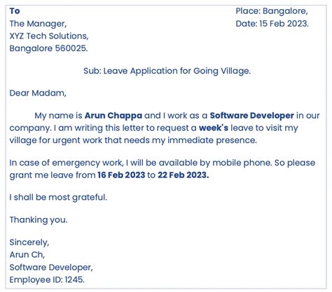 Leave Application for Going to Village .